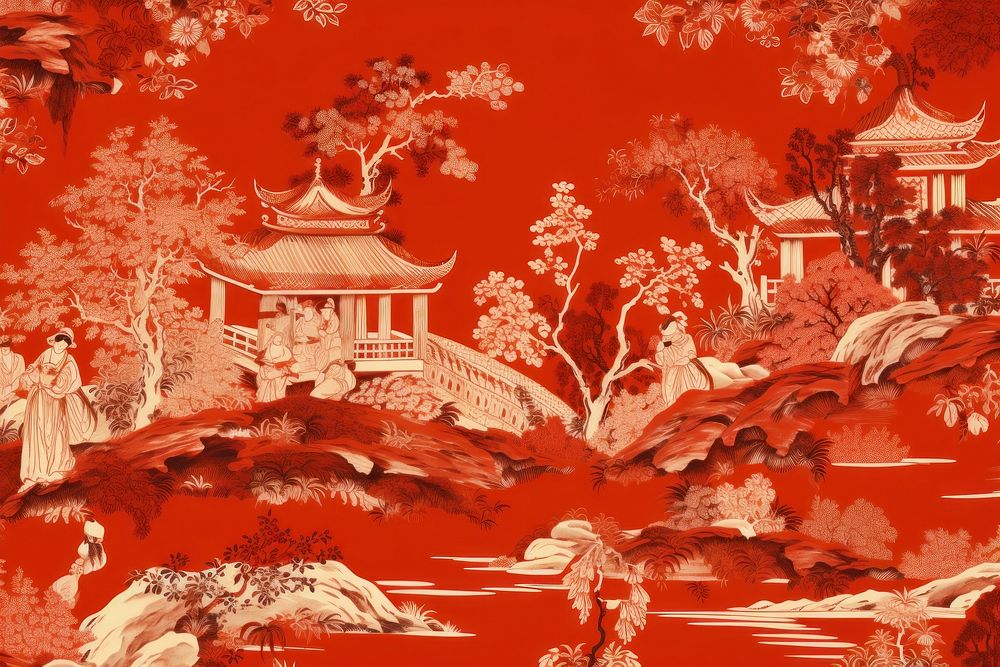 Oriental toile art style with heaven painting red architecture.