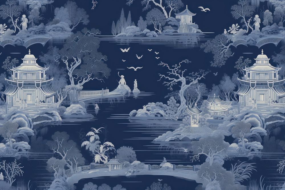 Oriental toile art style with pale various color night sky wallpaper pattern nature architecture.