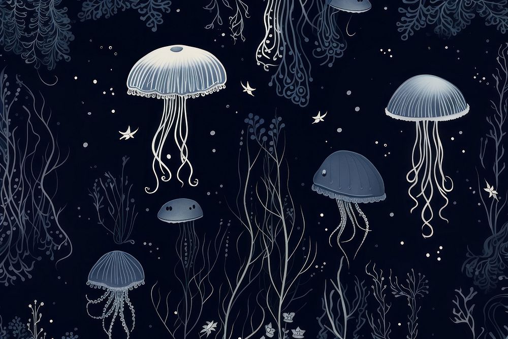 Oriental toile art style with pale various color jellyfishes in navy and dark grey invertebrate backgrounds underwater.