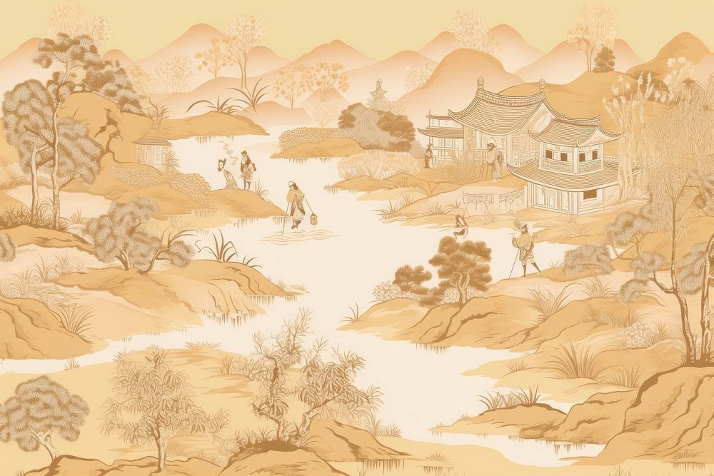 Oriental toile art style with pale various color rural road landscape outdoors drawing.
