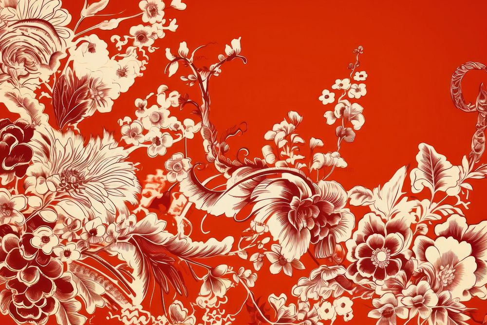 Oriental toile art style with flowers pattern red backgrounds.