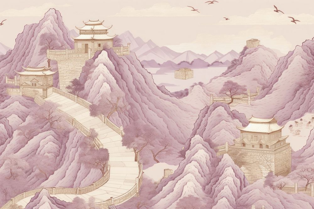 Oriental toile art style with pale various color great wall of china landscape drawing sketch.