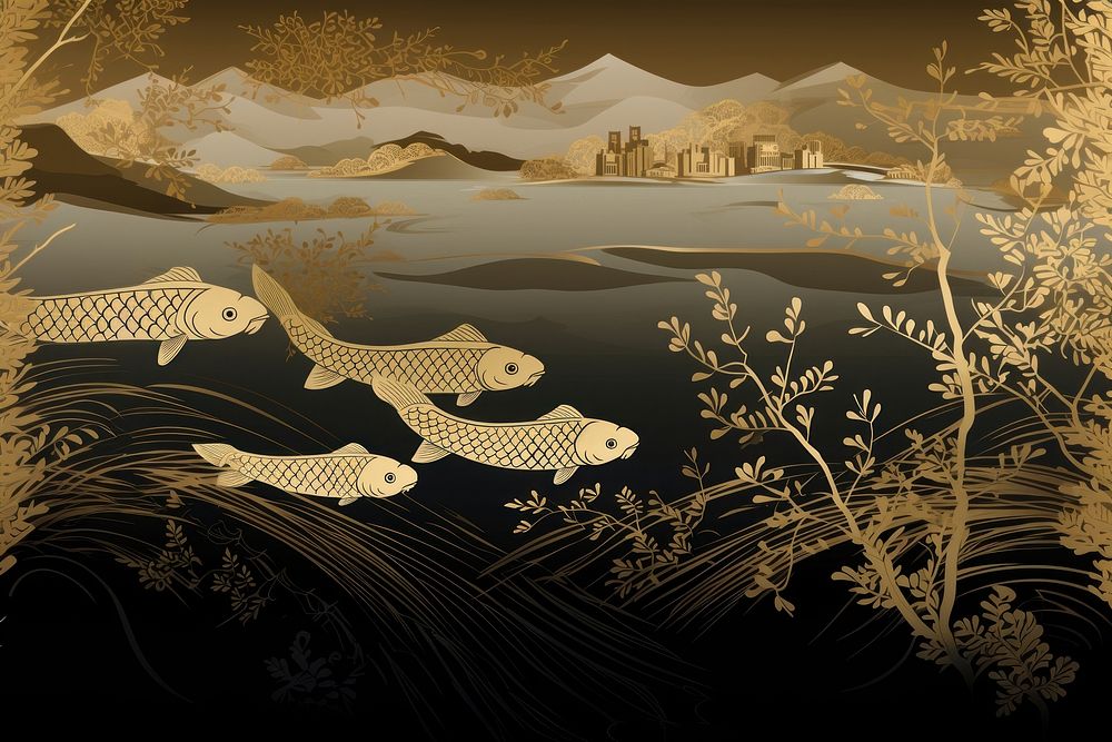 Oriental toile art style with carps landscape wallpaper in gold and black color outdoors nature reflection.