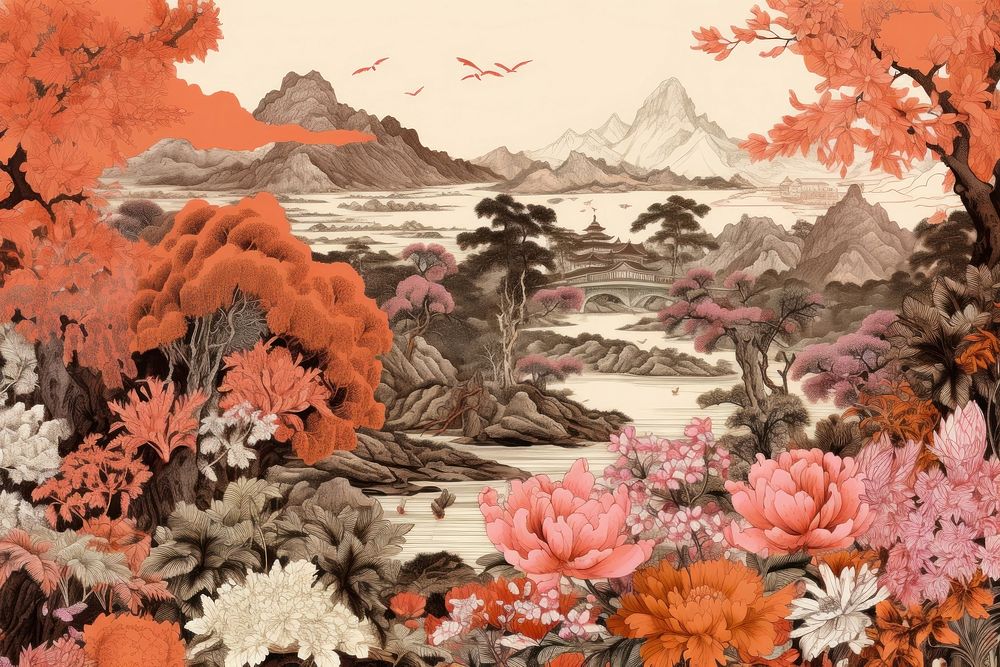 Oriental toile art style with flowers landscape outdoors painting.