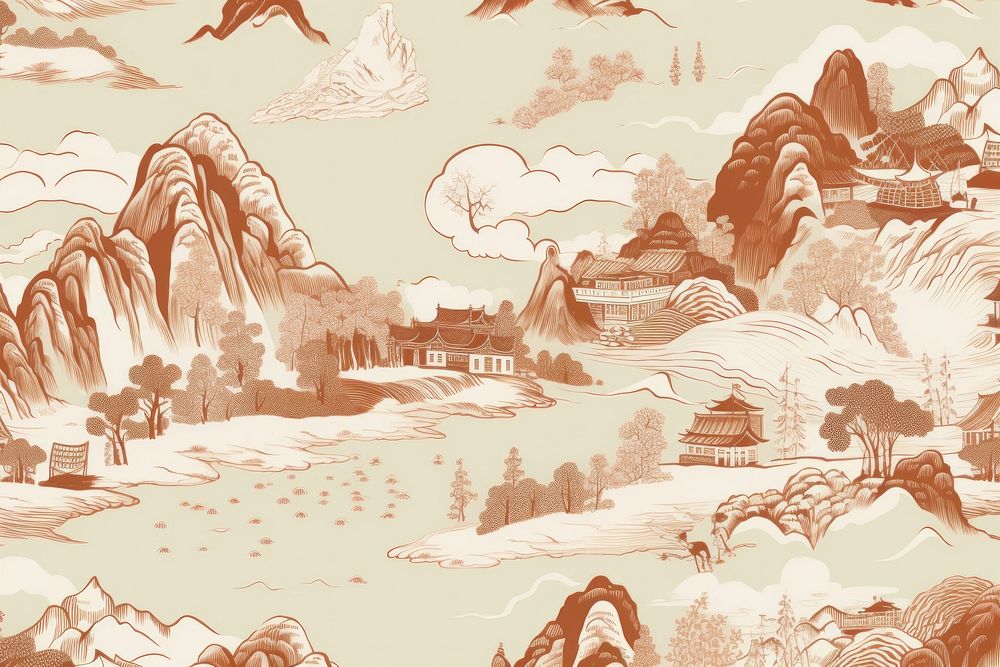 Oriental toile art style with mountain wallpaper landscape outdoors drawing.
