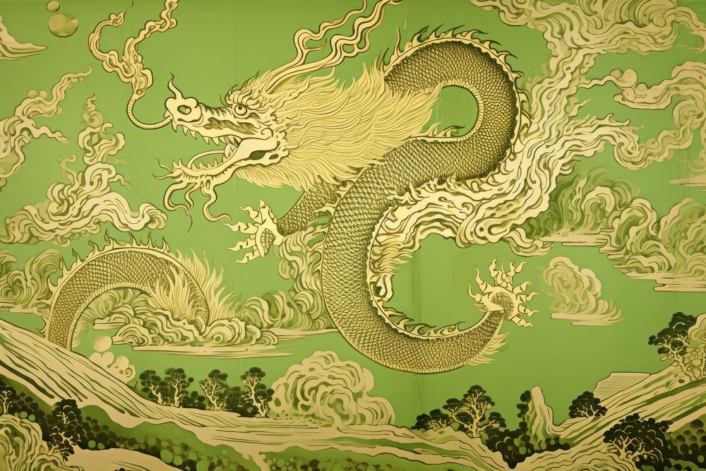 Oriental toile art style with stunning emperor dragon wallpaper in gold and green color pattern representation calligraphy.