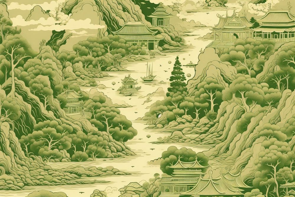Oriental toile art style with forest in green and beige color landscape outdoors drawing.