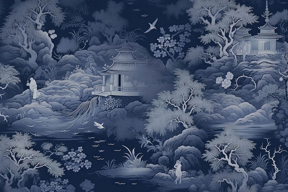 Oriental toile art style with pale various color night sky wallpaper nature architecture backgrounds.