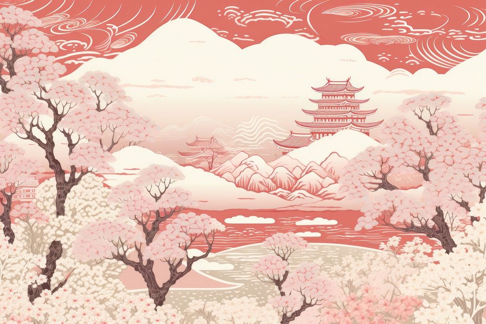 Oriental toile art style with pale various color sakura landscape plant red.