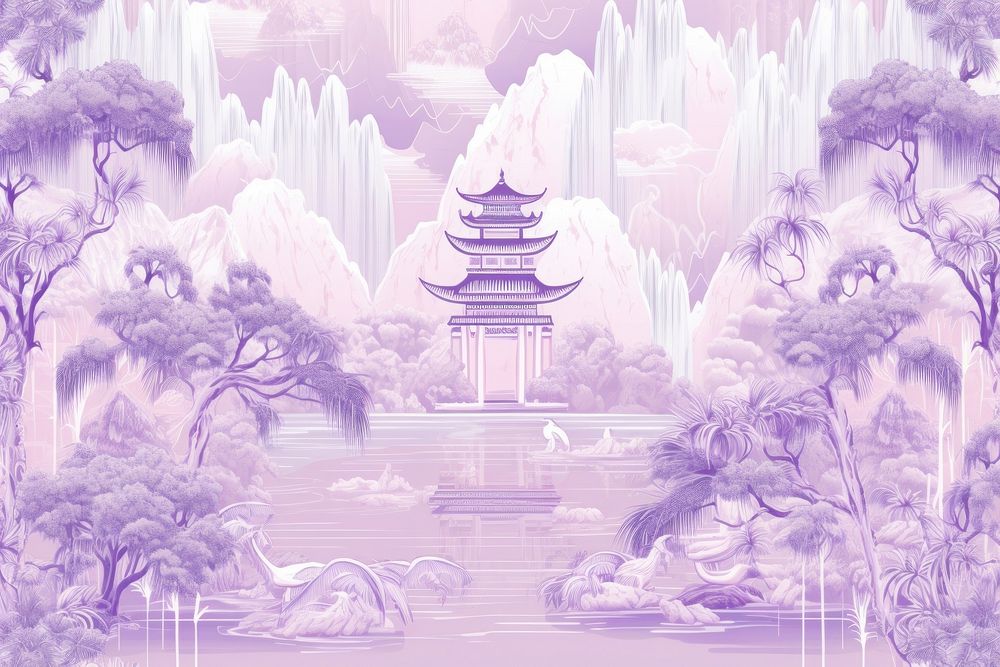 Oriental toile art style with pale various color waterfall wallpaper lavender outdoors nature.