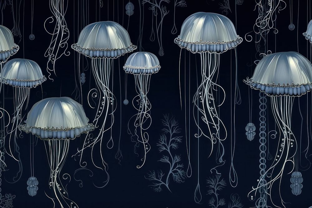 Oriental toile art style with pale various color jellyfishes in navy and dark grey chandelier invertebrate transparent.