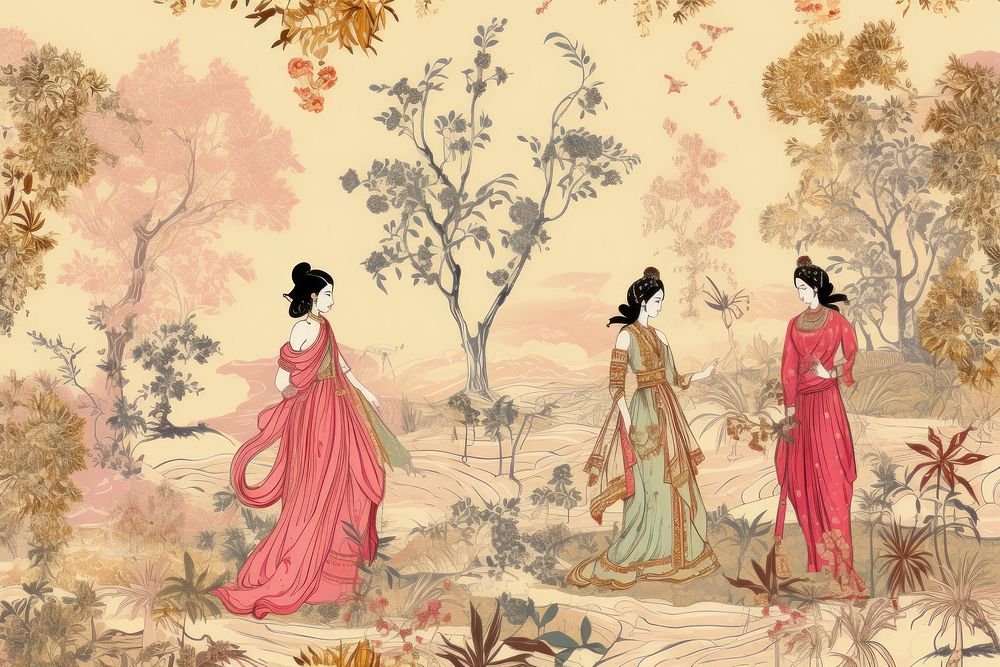 Oriental toile art style with pale various color women with jasmine in landscape painting sketch adult.