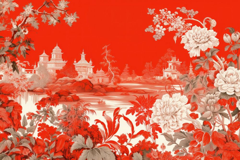 Oriental toile art style with flowers painting pattern plant.