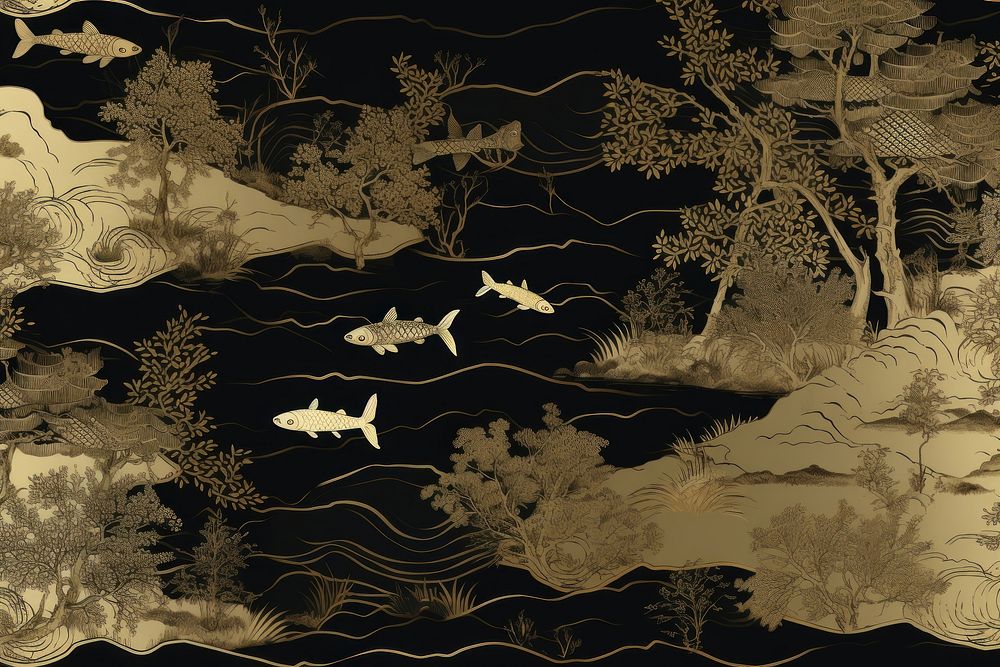 Oriental toile art style with carps landscape wallpaper in gold and black color pattern animal fish.