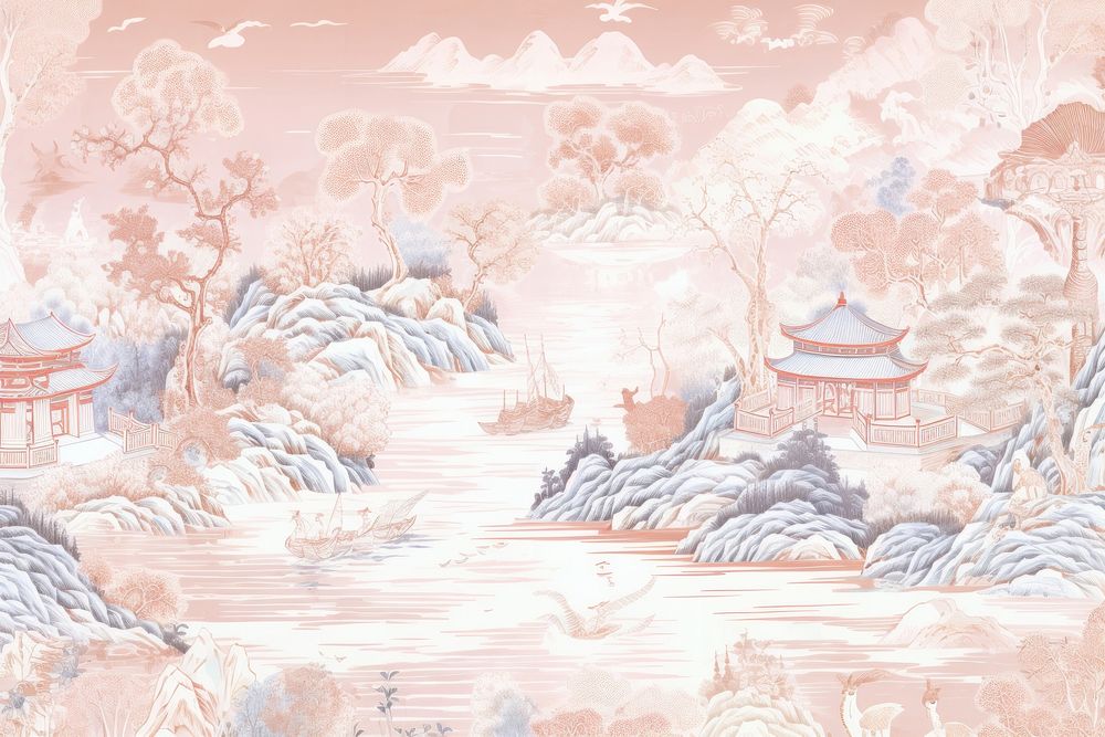 Oriental toile art style with pale various color waterfall wallpaper outdoors nature tranquility.