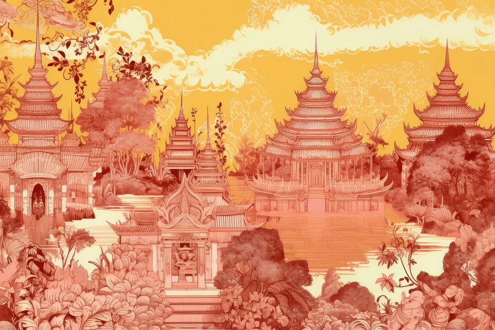 Oriental toile art style with pale various color capital city architecture building pagoda.