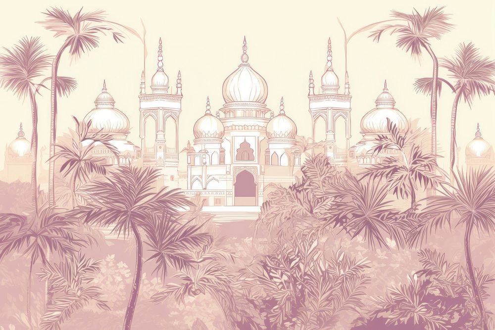 Oriental toile art style with pale various color mosque wallpaper architecture building outdoors.