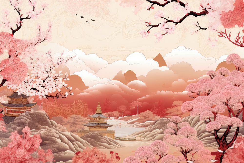 Oriental toile art style with pale various color sakura landscape outdoors blossom.