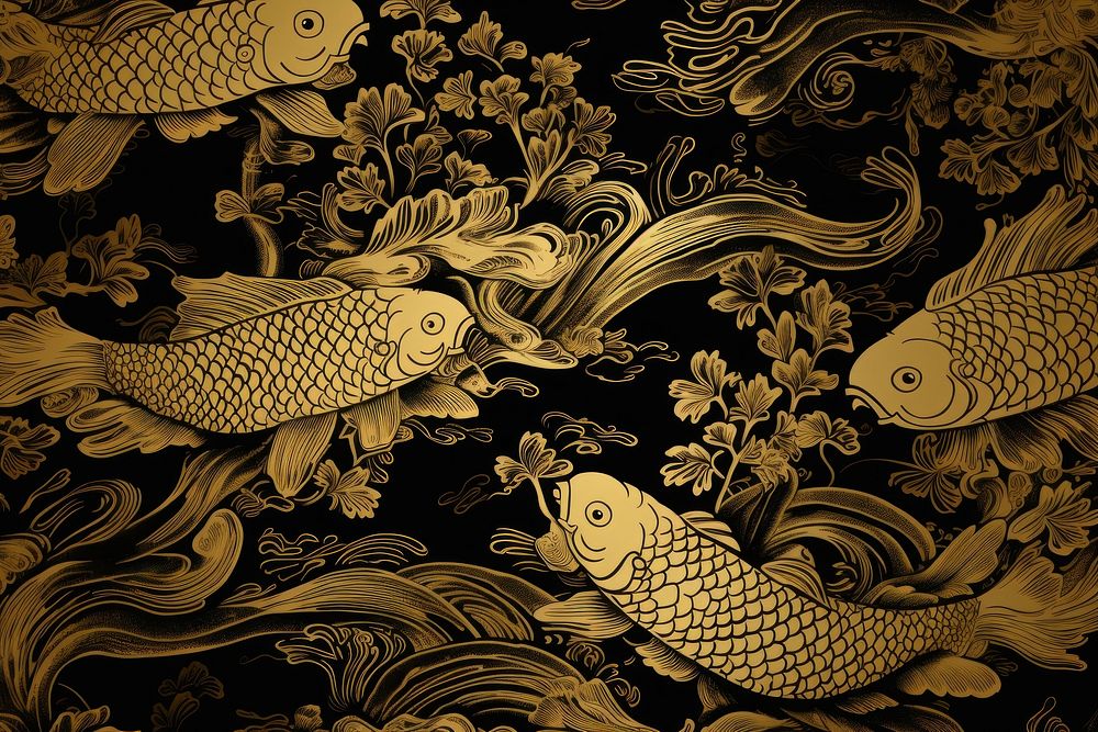 Oriental toile art style with carps wallpaper in gold and black color pattern fish backgrounds.