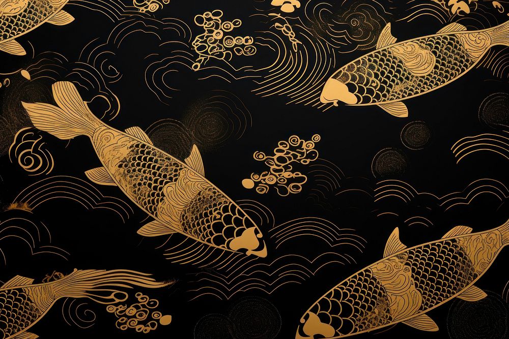 Oriental toile art style with carps wallpaper in gold and black color pattern nature animal.