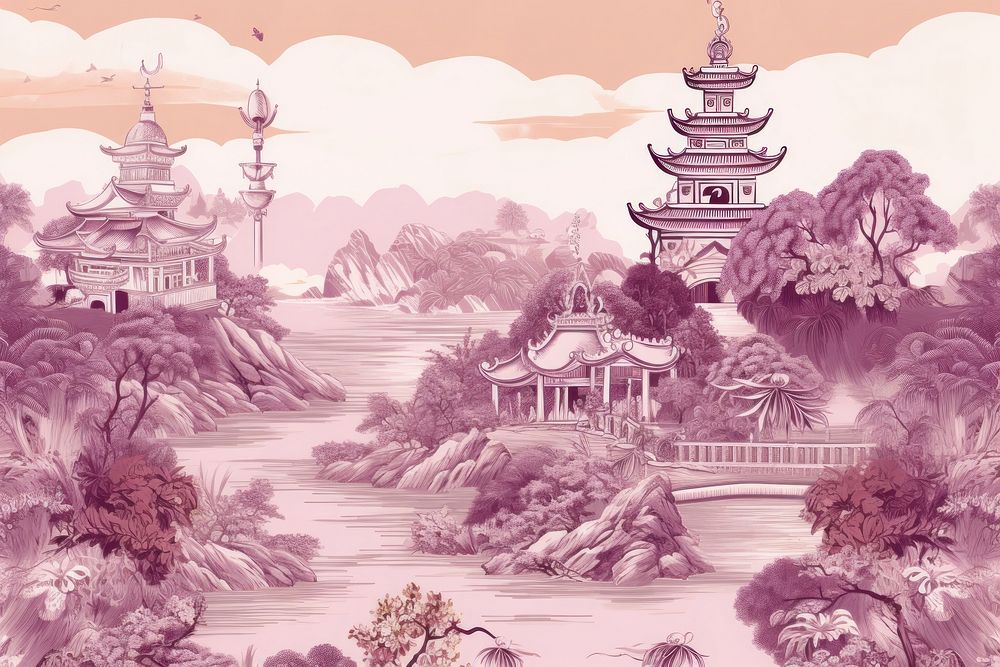 Oriental toile art style with pale various color capital city landscape drawing sketch.