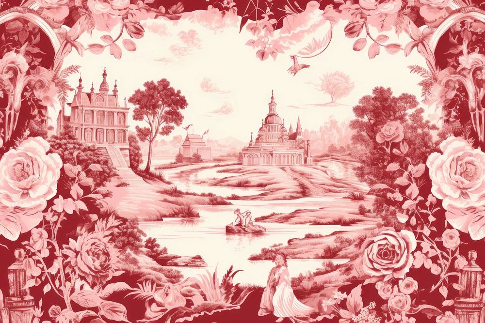 Oriental toile art style with rose painting pattern drawing.