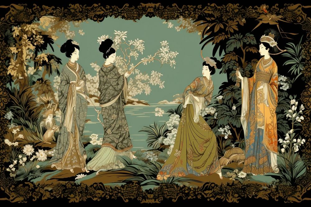 Oriental toile art style with pale various color women with jasmine in landscape tapestry painting adult.