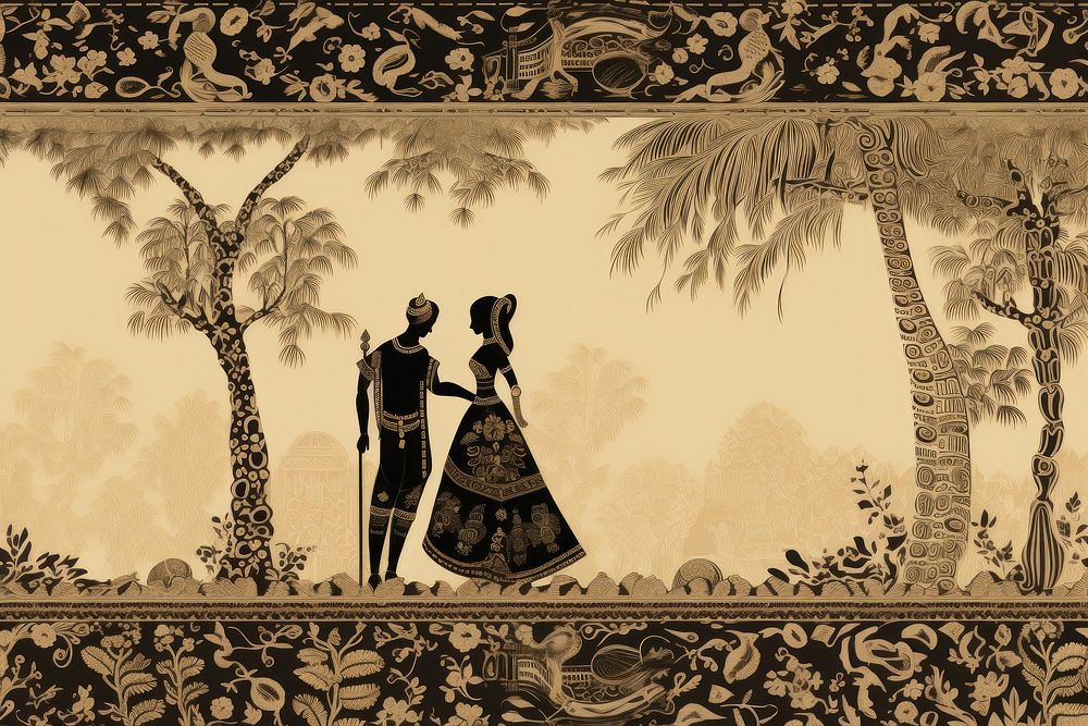 Oriental toile art style with couple in black and beige color adult togetherness architecture.