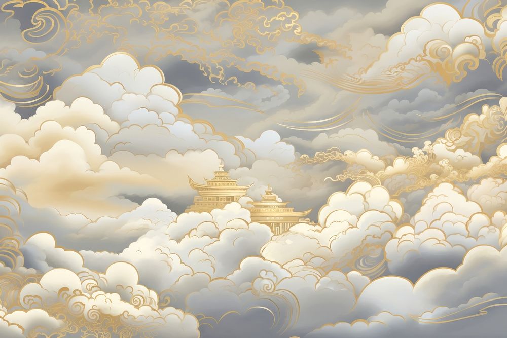Oriental toile art style with clouds in gold and silver color outdoors pattern nature.