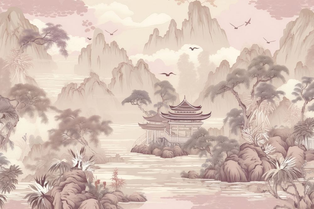 Oriental toile art style with pale various color waterfall wallpaper landscape outdoors nature.