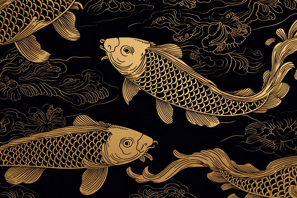 Oriental toile art style with carps wallpaper in gold and black color pattern animal fish.