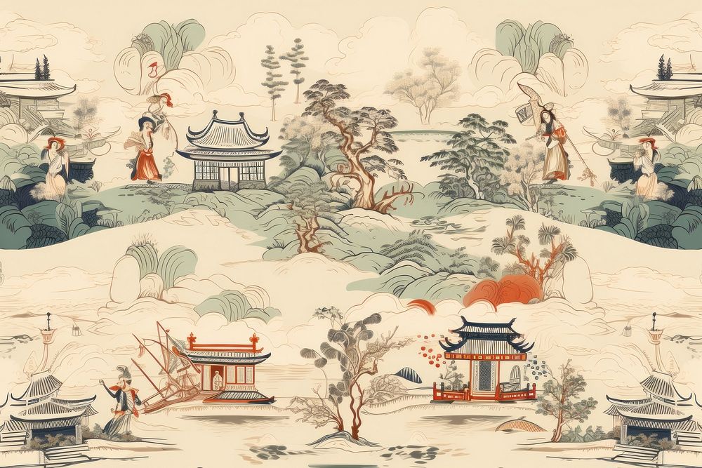 Oriental toile art style with pale various color edo city drawing sketch representation.
