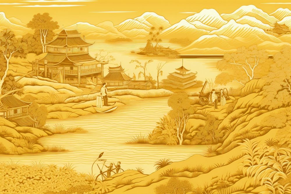 Oriental toile art style with rice harvesting in yellow and beige color landscape architecture creativity.