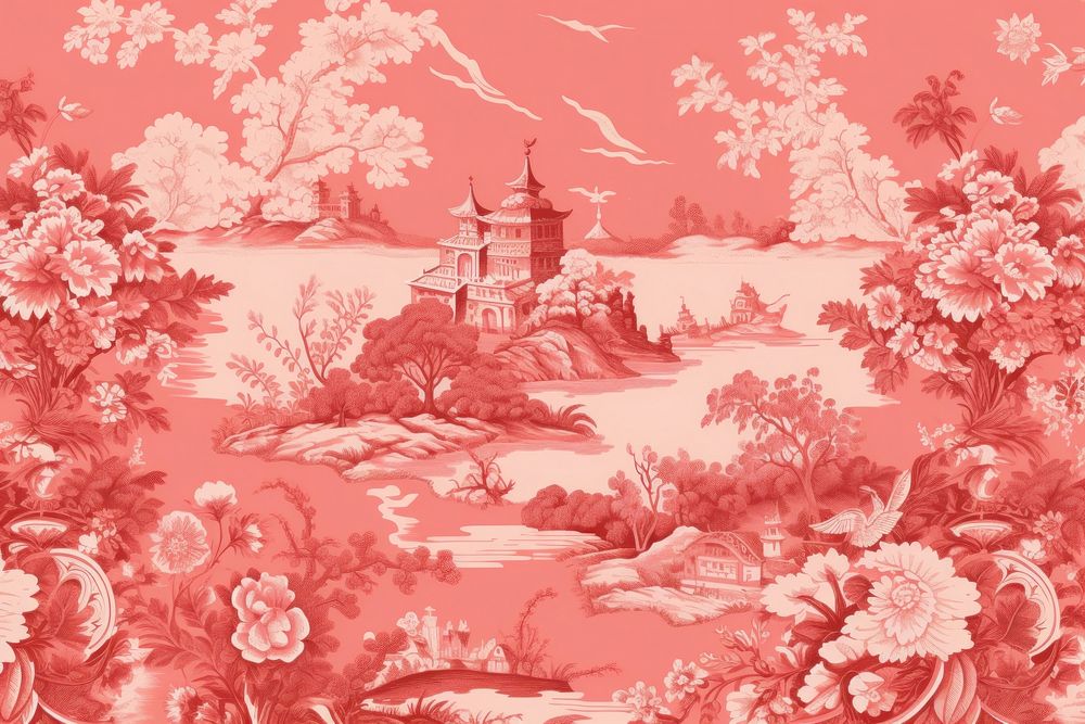Oriental toile art style with rose wallpaper pattern plant red.