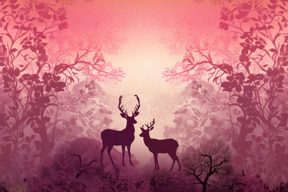 Oriental toile art style with deers in forest in gradient color silhouette wildlife outdoors.