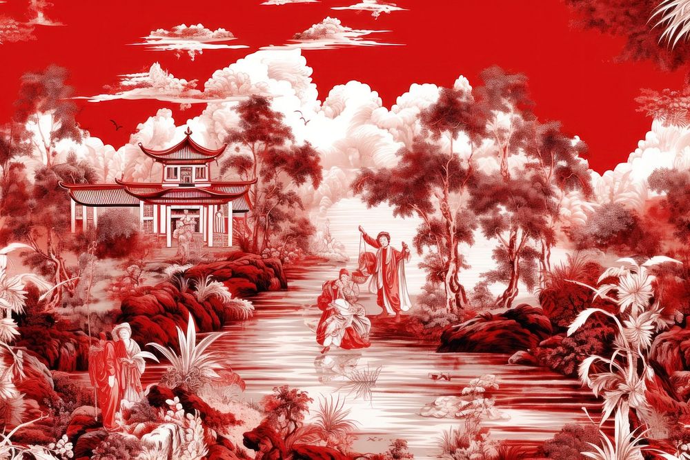Oriental toile art style with heaven outdoors red architecture.