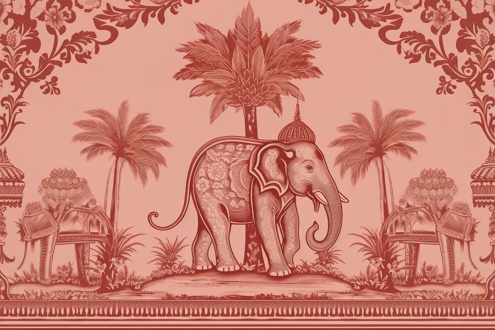 Oriental toile art style with elephant wallpaper sketch mammal plant.