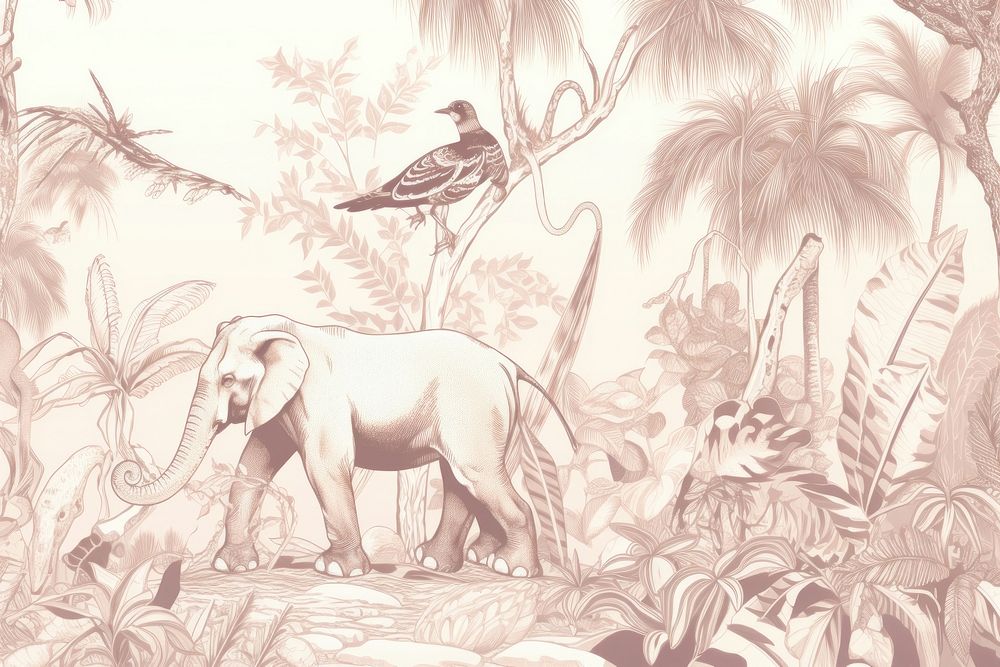 Oriental toile art style with jungle animal wallpaper elephant wildlife outdoors.