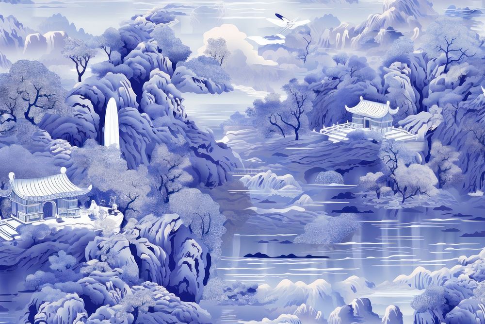 Oriental toile art style with pale various color waterfall landscape outdoors nature.