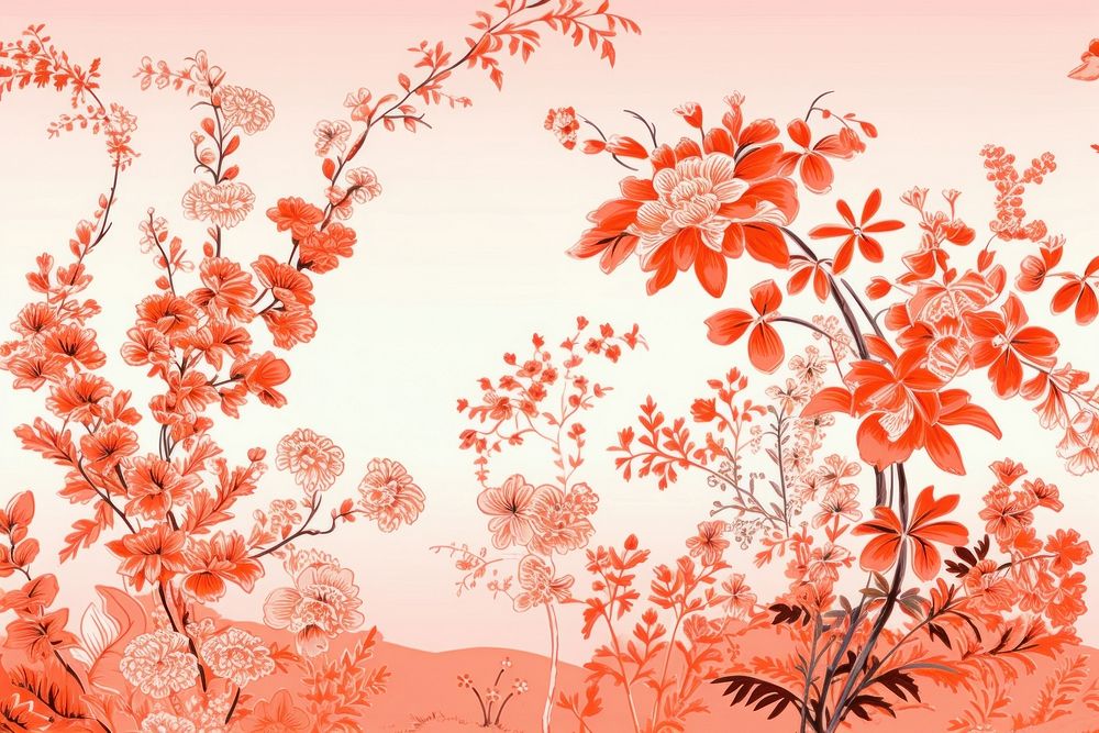 Oriental toile art style with stunning isolated flowers wallpaper pattern plant red.