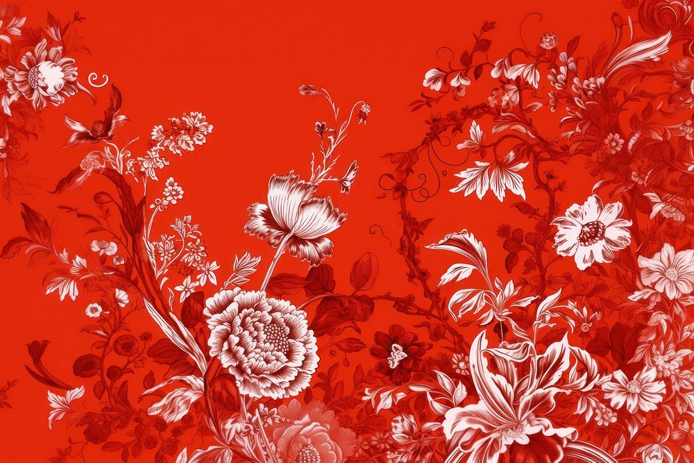 Oriental toile art style with flowers red pattern plant.