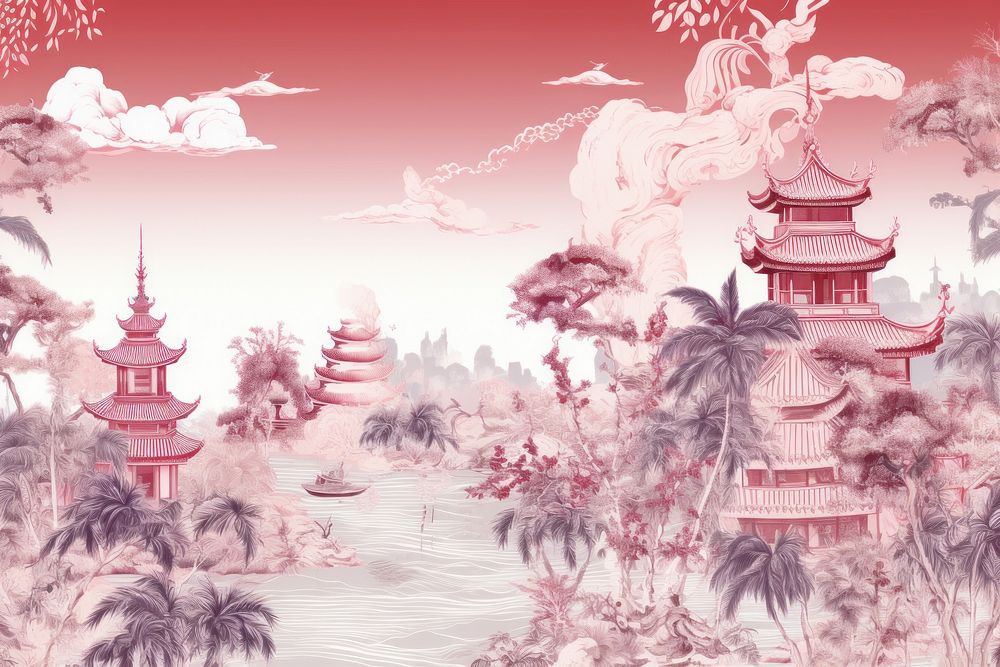 Oriental toile art style with pale various color capital city outdoors plant red.