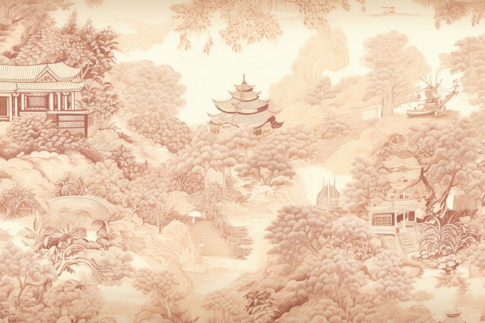 Oriental toile art style with pale various color festival wallpaper landscape sketch old.