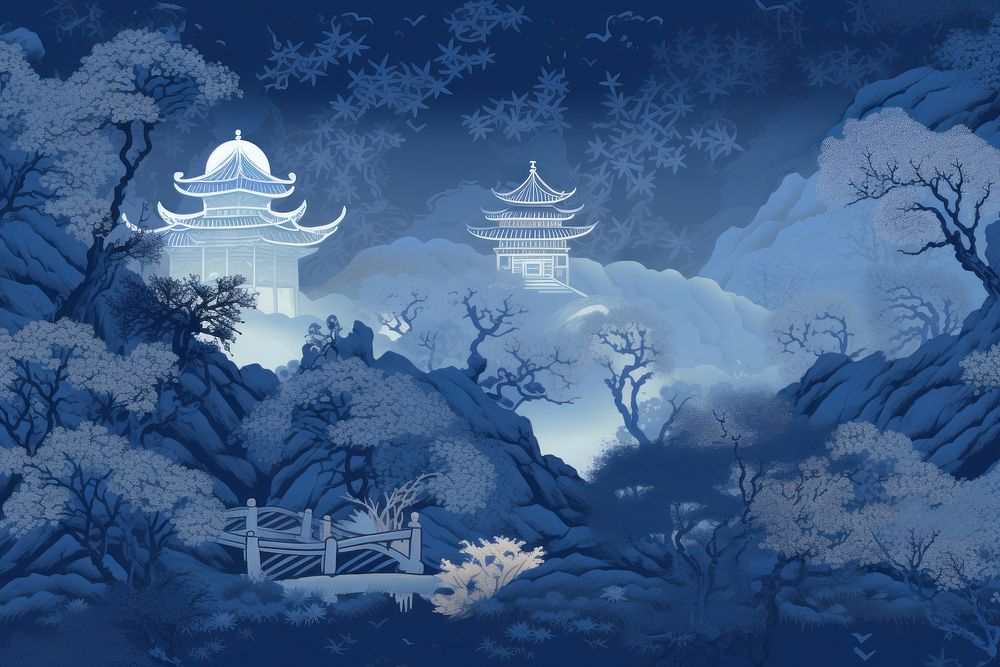 Oriental toile art style with pale various color night sky wallpaper landscape outdoors nature.