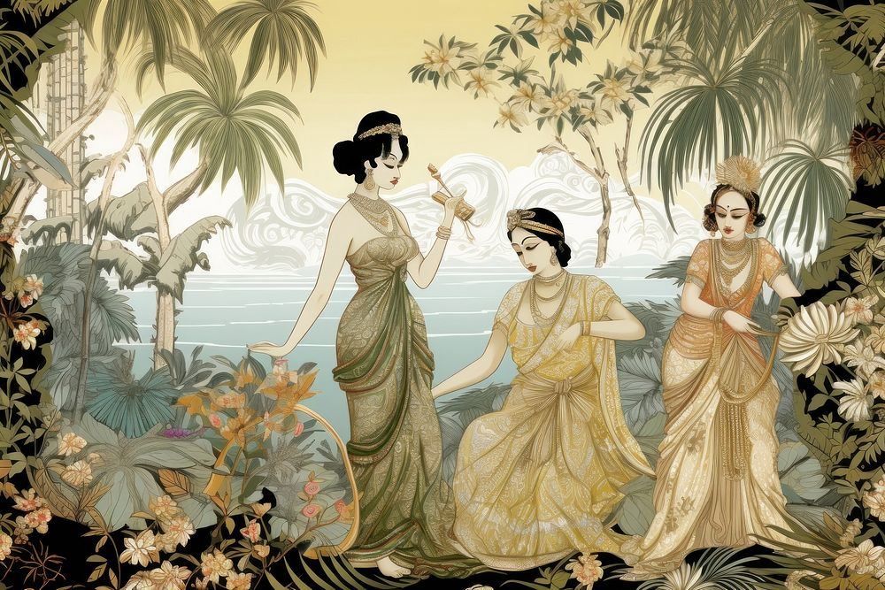 Oriental toile art style with pale various color women with jasmine in landscape painting adult togetherness.