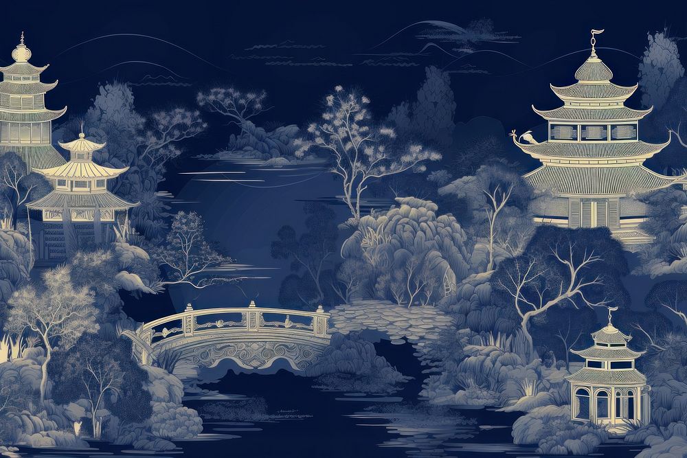 Oriental toile art style with pale various color night sky wallpaper architecture landscape outdoors.