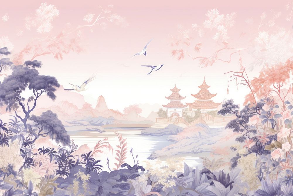 Oriental toile art style with pale various color flower garden landscape plant tranquility.