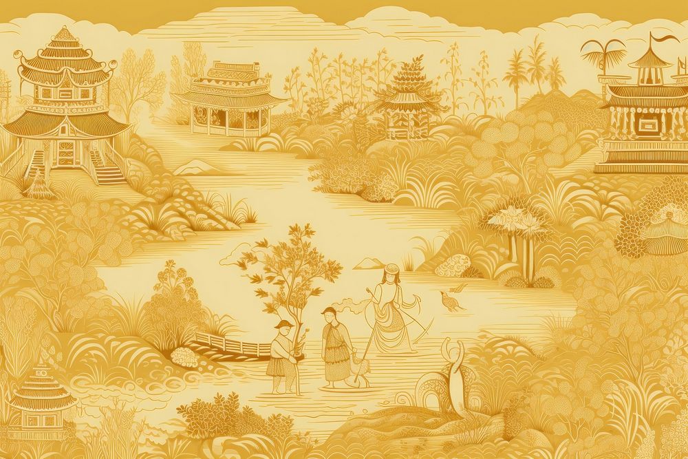 Oriental toile art style with rice harvesting in yellow and beige color outdoors representation spirituality.