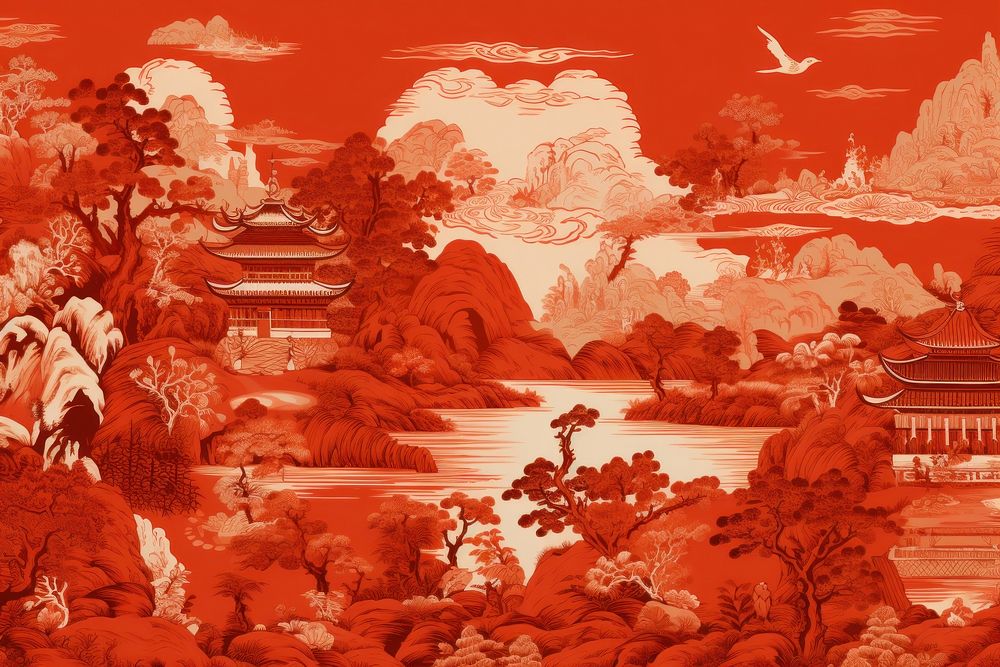 Oriental toile art style with hell painting red architecture.