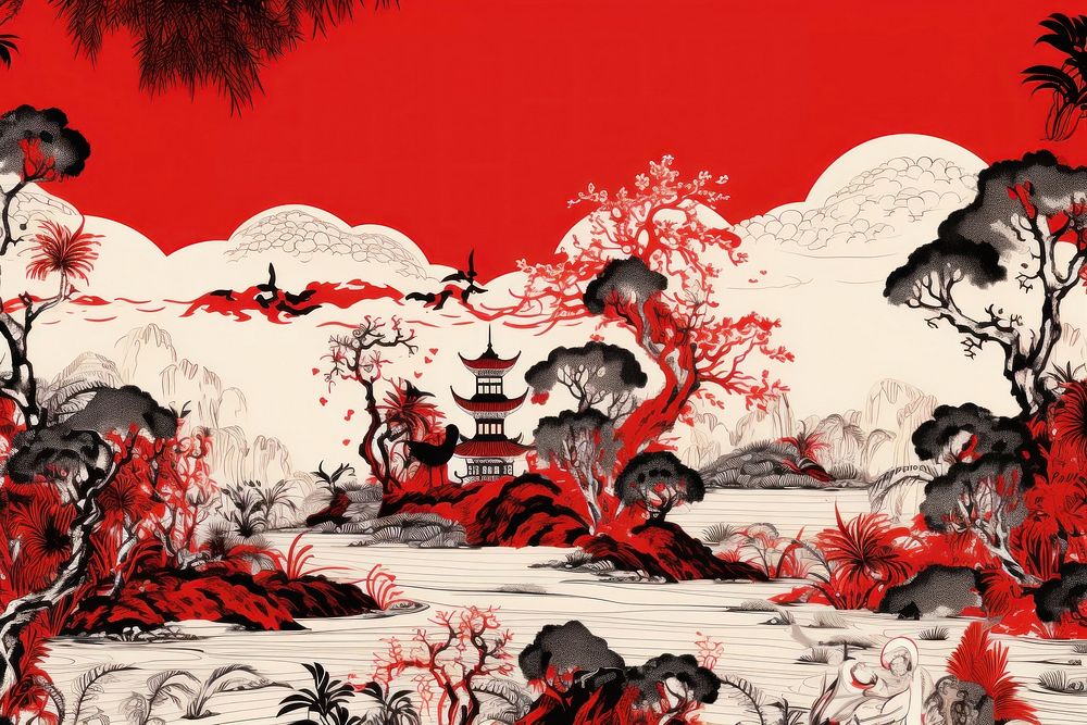 Oriental toile art style with heaven nature land red.